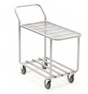 chariot desserte / en acier / à plate-forme grillagée / à étagères