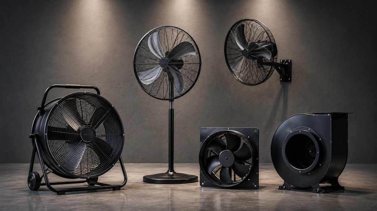 Grand ventilateur industriel centrifuge installé dans un système de ventilation d'usine avec gaines en acier robuste et fixation au sol sécurisée.