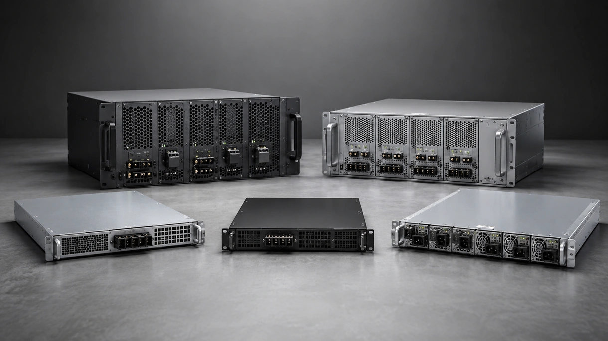 Technicien installant une alimentation électrique rackable redondante dans une armoire serveur modulaire au sein d'une installation industrielle.
