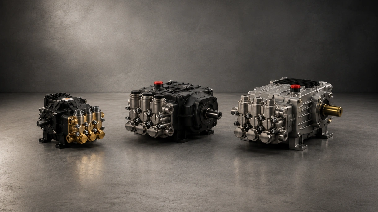 Pompe à piston plongeur haute pression intégrée dans un système de nettoyage industriel intensif au sein d'un site de production.