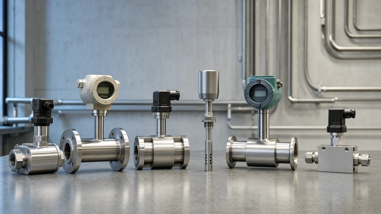 Débitmètre massique à effet Coriolis industriel installé sur une canalisation en acier inoxydable dans un environnement de production d'usine de traitement chimique.