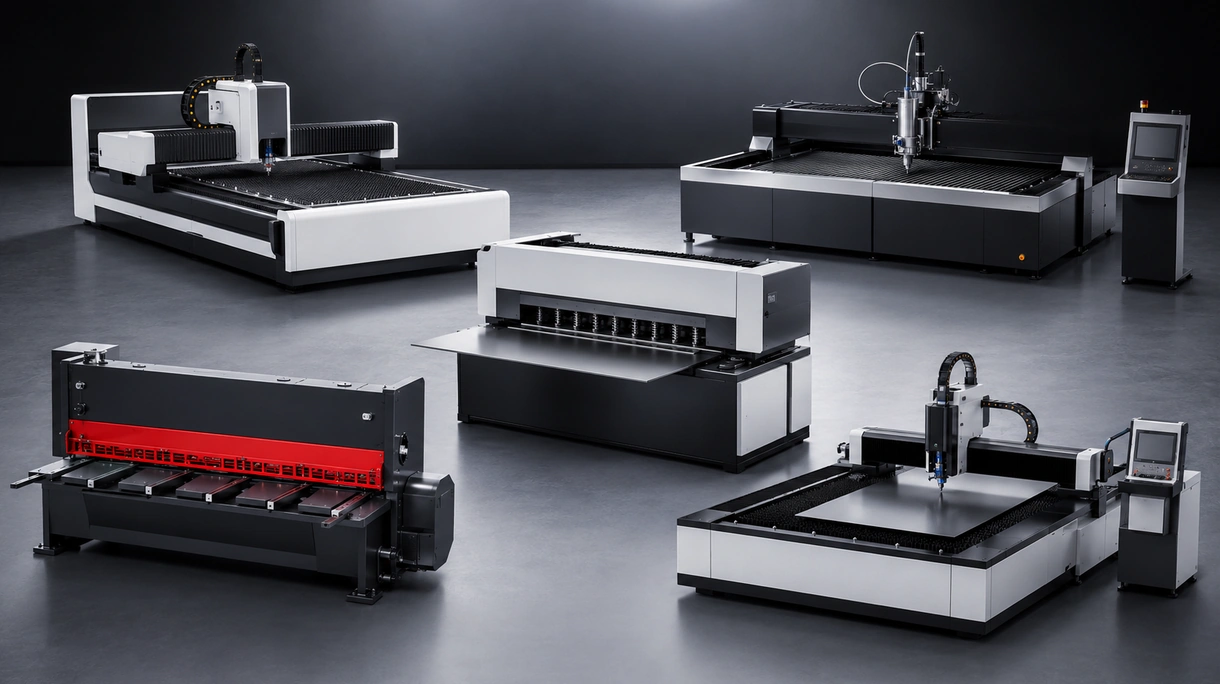 Machine de découpe laser fibre industrielle traitant une grande tôle d'acier inoxydable dans une unité de fabrication de haute technologie.
