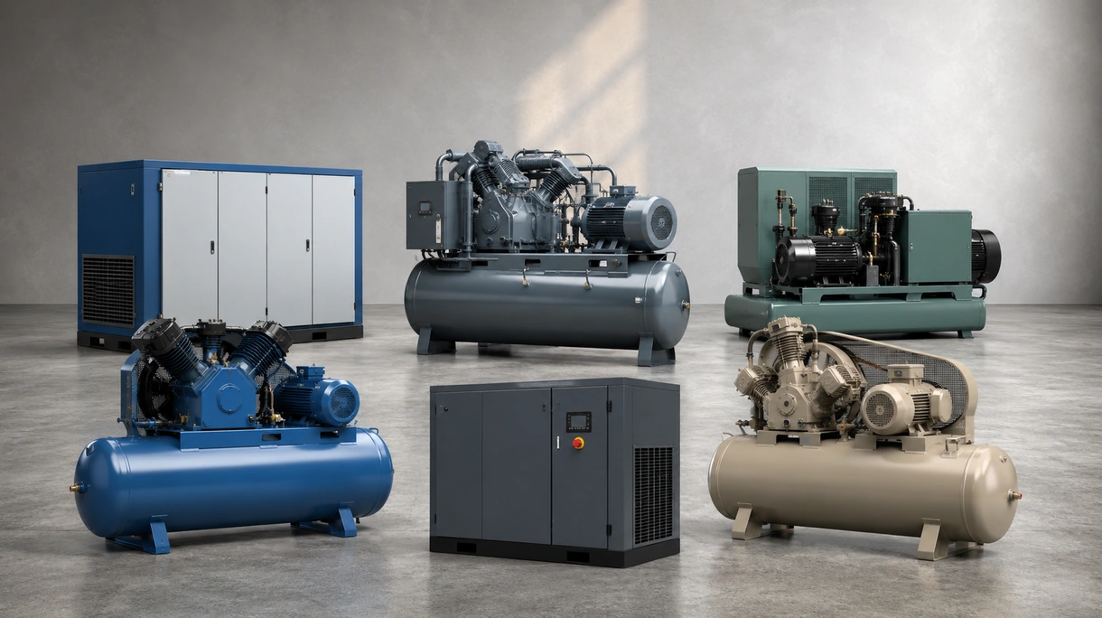Compresseur industriel à vis rotative installé dans une unité de fabrication propre, alimentant des lignes de production automatisées et des outils pneumatiques.