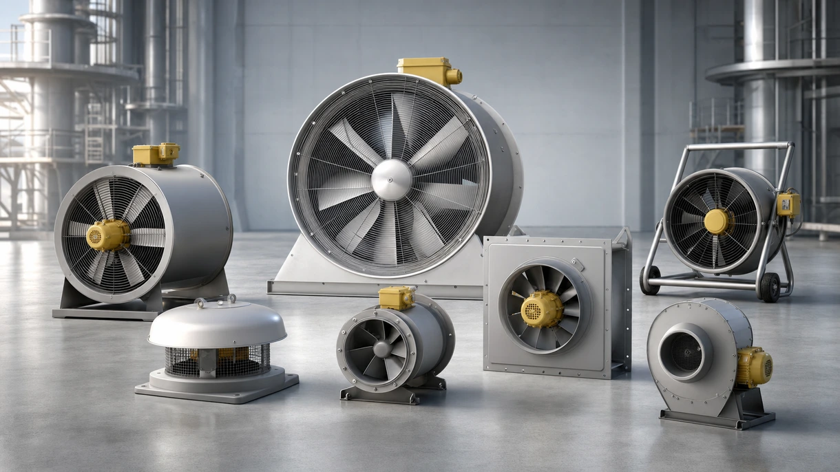 Ventilateur axial industriel antidéflagrant installé dans une usine de traitement chimique pour l'extraction de vapeurs dangereuses et la sécurité au travail.