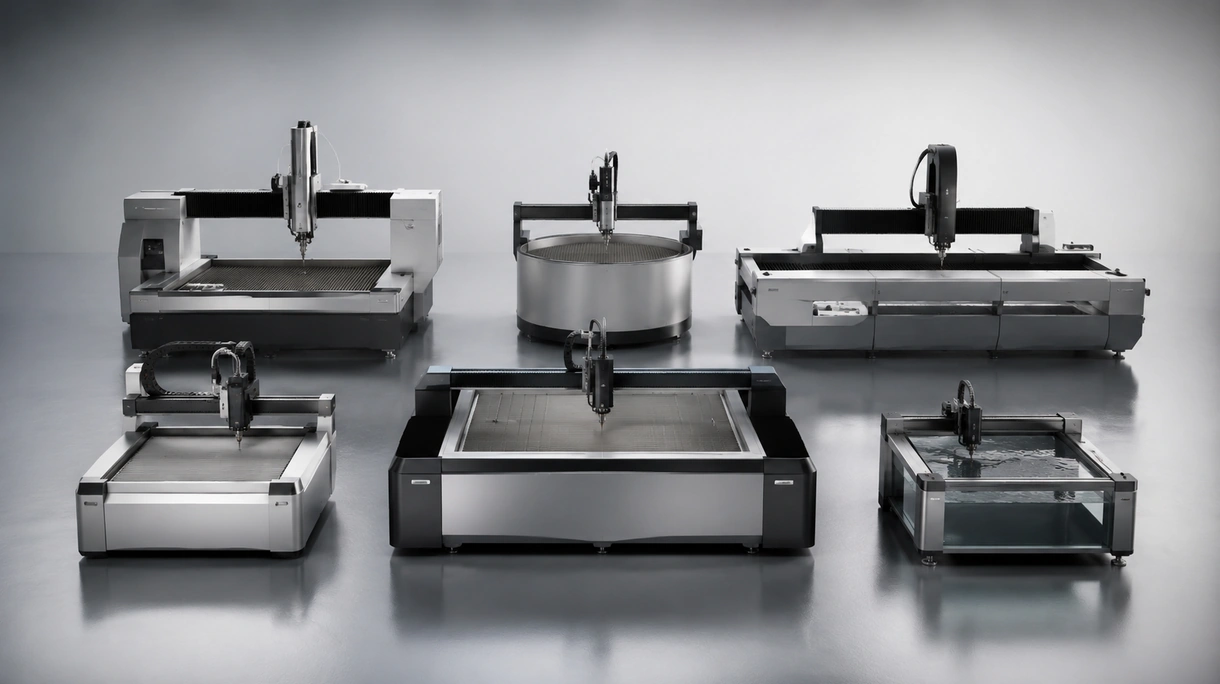 Machine de découpe au jet d'eau CNC découpant une épaisse plaque d'acier inoxydable industrielle dans une unité de fabrication lourde.