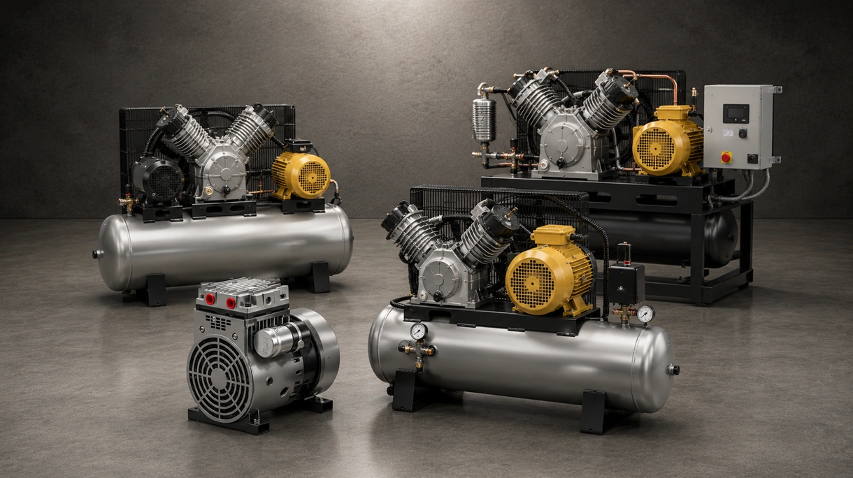 Compresseur à piston industriel installé dans une usine de fabrication fournissant de l'air haute pression à une ligne d'assemblage pneumatique.