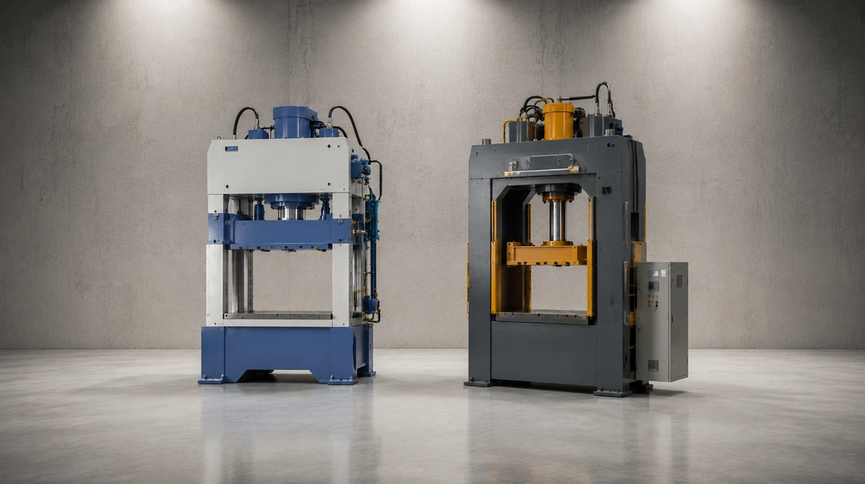Presse hydraulique à usage intensif intégrée dans une ligne de production d'emboutissage métallique professionnelle avec systèmes de manipulation robotisés.