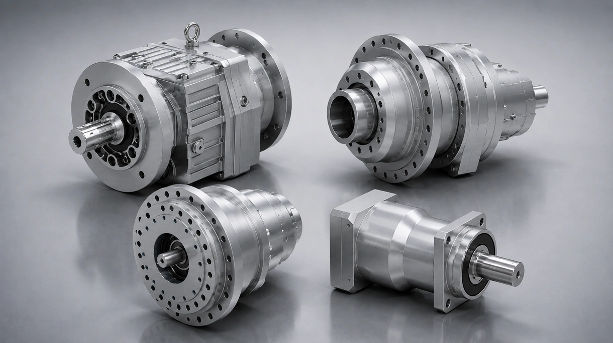 Réducteur coaxial en ligne monté sur un moteur électrique entraînant une bande transporteuse robuste dans un centre de tri logistique.