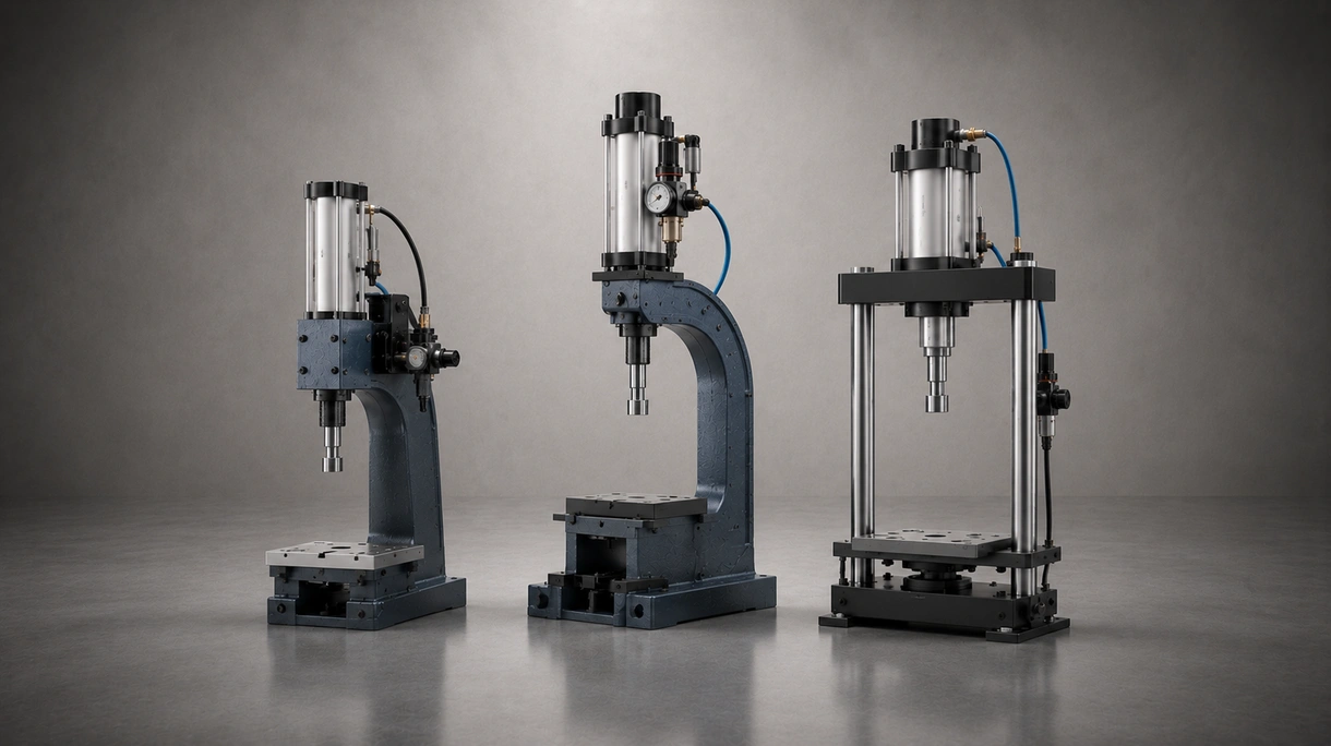 Presse pneumatique industrielle sur une ligne de production effectuant un rivetage métallique de précision avec barrières immatérielles de sécurité intégrées.