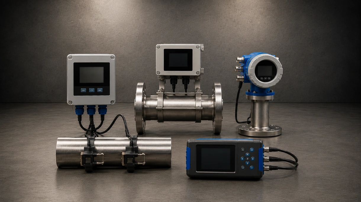 Technicien industriel installant un débitmètre à ultrasons à montage externe sur une conduite en acier de grand diamètre dans une usine de traitement d'eau.