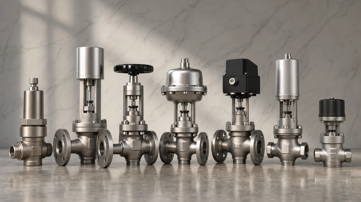 Vanne à piston installée dans un collecteur de distribution de vapeur industrielle haute pression au sein d'une usine de fabrication.