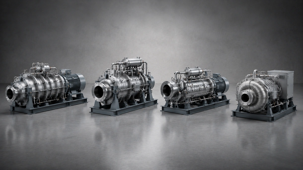 Compresseur centrifuge industriel de grande envergure installé dans une usine de fabrication chimique, fournissant un volume important d'air comprimé sans huile.