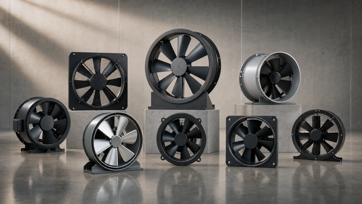 Unité de ventilateur axial industriel installée dans un système de ventilation d'usine pour la régulation de la température et la gestion de la qualité de l'air.