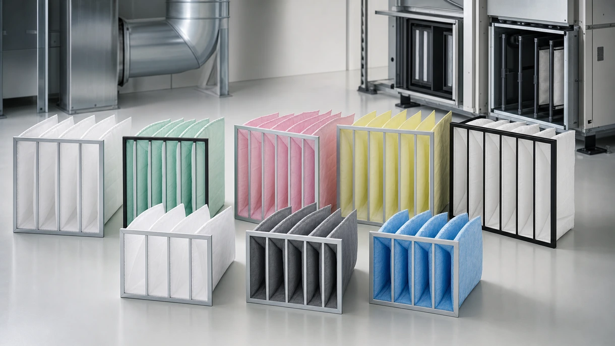 Filtre à poche synthétique installé dans une centrale de traitement d'air industrielle en acier inoxydable lors d'une procédure de maintenance de routine.