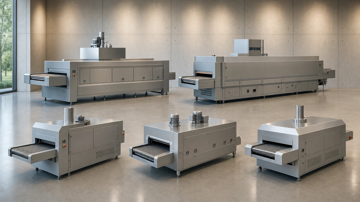 Four tunnel industriel intégré dans une ligne de production automatisée pour la polymérisation de composants électroniques à haut volume.