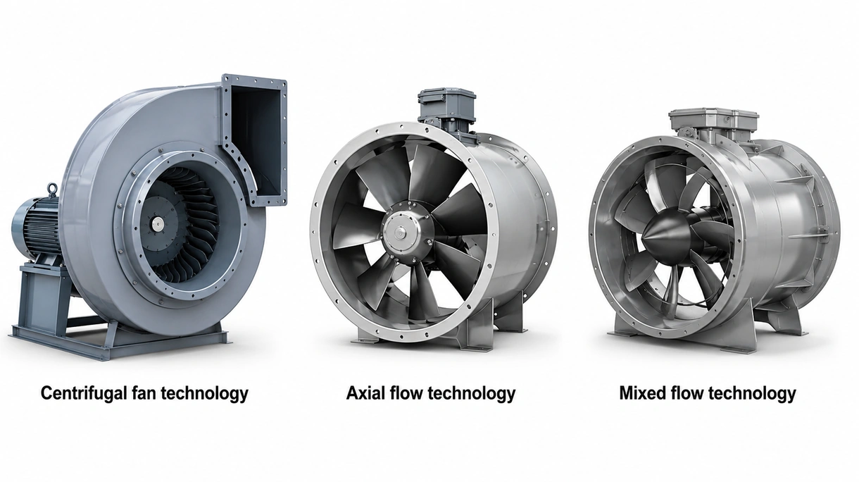 Gros plan détaillé d'une turbine de ventilateur industriel en acier inoxydable de haute qualité montrant l'inclinaison des pales de précision et l'arbre du moteur.