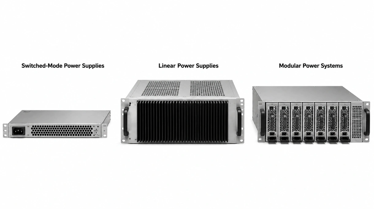 Vue rapprochée de la carte de circuit interne et du ventilateur de refroidissement d'une unité d'alimentation électrique rackable industrielle modulaire.