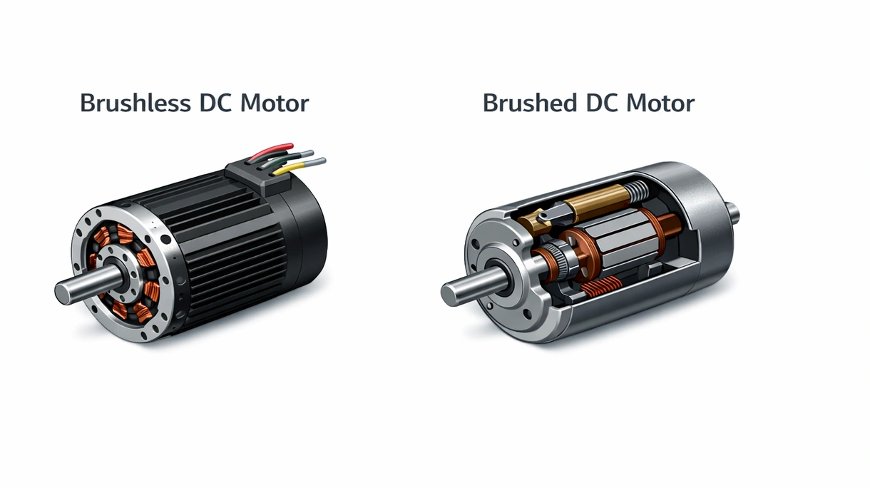 Vue macro du rotor interne et des bobinages en cuivre d'un moteur DC brushless, illustrant une construction industrielle de haute précision et de qualité.