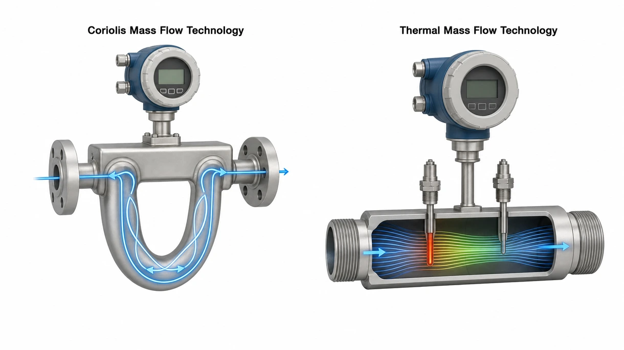 Gros plan technique d'une tête de capteur de débitmètre massique thermique montrant la sonde de précision et le boîtier robuste du transmetteur.