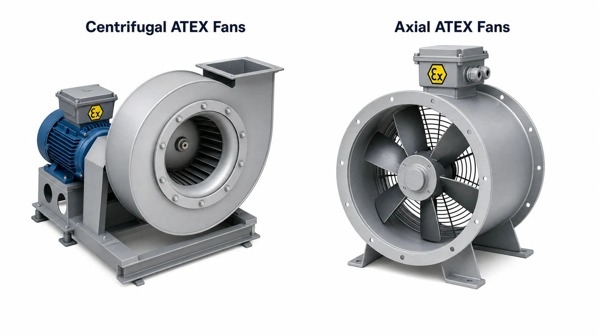 Détail technique d'une turbine en aluminium anti-étincelles et d'un carter de moteur antidéflagrant sur un ventilateur centrifuge ATEX haute pression.