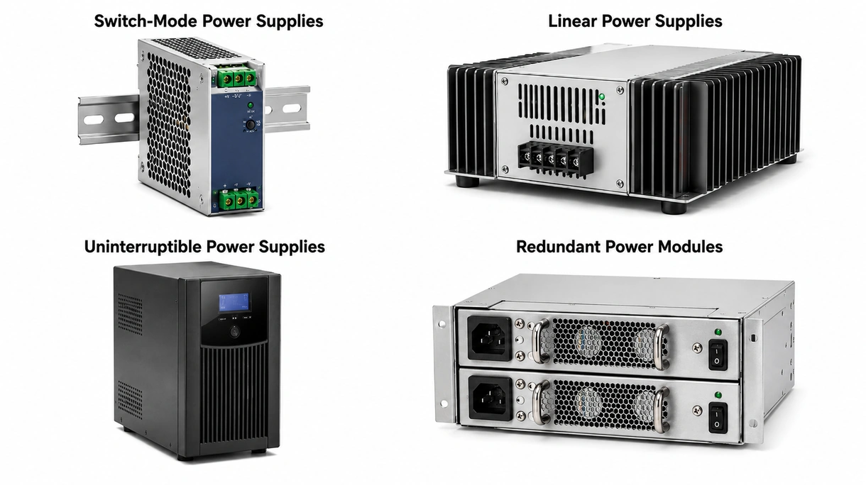 Gros plan sur les circuits internes d'une alimentation électrique industrielle montrant des condensateurs de haute qualité et un dissipateur thermique robuste.