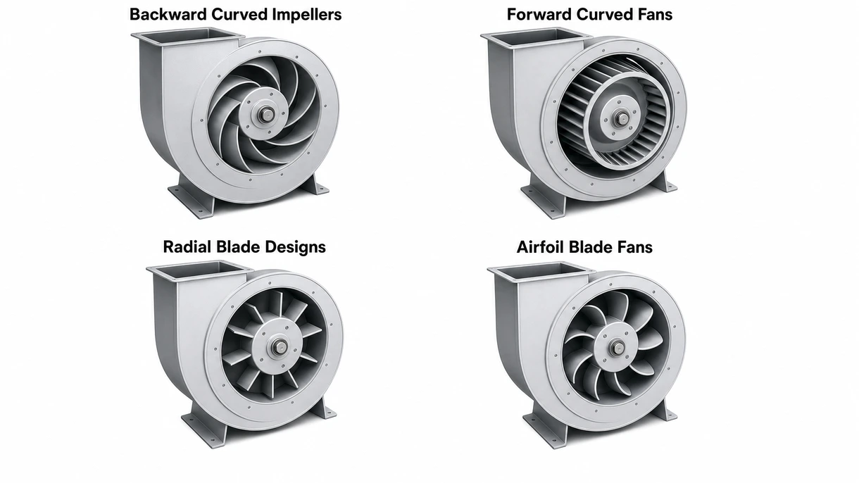 Gros plan technique d'une turbine en acier inoxydable à pales courbées vers l'arrière, montrant la conception aérodynamique pour un ventilateur industriel.