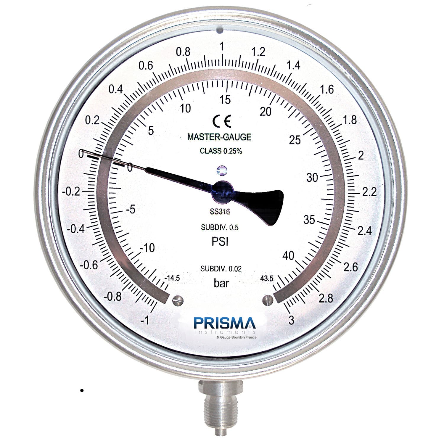 Manomètre Axial Double échelle 0-1 Bar / 0-15 PSI - Cadran 2,5 Pouces Inox - Pour Air, Eau, Carburant - Filetage 1/4" NPT - 10