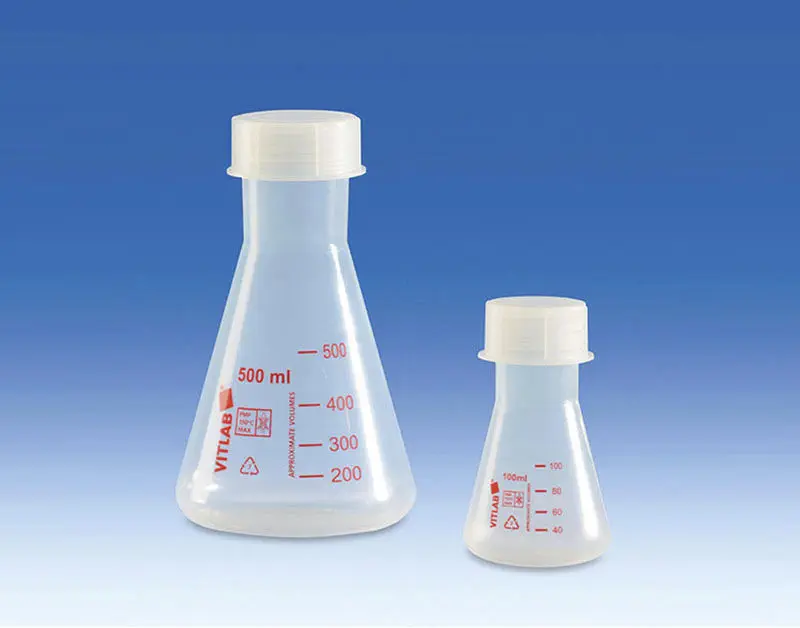Lot De 4 Fioles Erlenmeyer 50ml - Plastique PP - Col étroit Bouchon Vis - Pour Labo