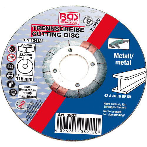 Disque à tronçonner pour acier - 3922 - BGS technic KG - pour meuleuse d'angle