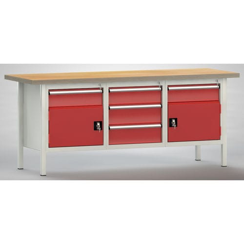 Établi en hêtre - WS247N-2000M40-E7025 - KLW LUTZ - pour atelier / à 5 tiroirs / à double porte