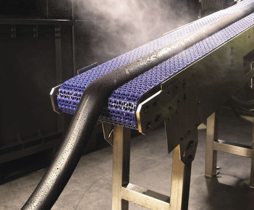 Bande de convoyeur modulaire - Habasit - en plastique / avec galets de glissement / bleue