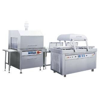 Machine de conditionnement sous vide - SD 520 B + ST 170 - KOMET Maschinenfabrik GmbH - à double cloche / avec tunnel de rétraction