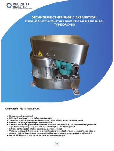 D&eacute;canteuse centrifuge a axe vertical et d&eacute;chargement automatique du sediment par le fond du bol type DRC-BO 