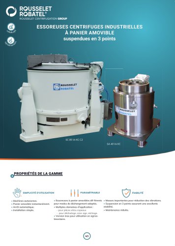 Essoreuses centrifuges industrielles &agrave; panier amovible suspendues en 3 points