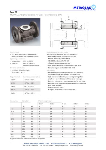 METAGLAS® TYPE 77 FOR SIGHT GLASS FLOW INDICATOR DIN-CONNECTION