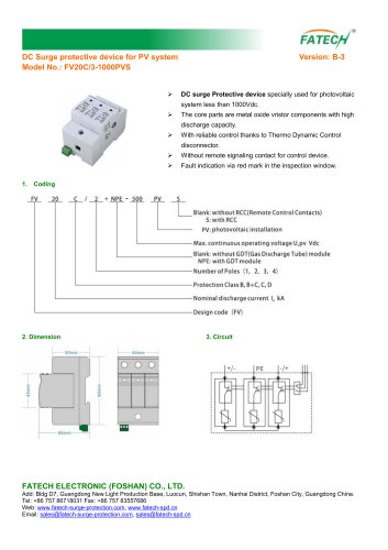 FATECH TUV certified 40ka DC surge arrester 1000V without remote control contact FV20C/3-1000PV