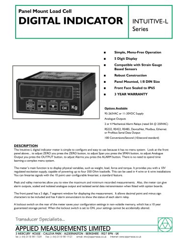 Panel Mounted Indicator - Strain Gauge Input  Intuitive-L