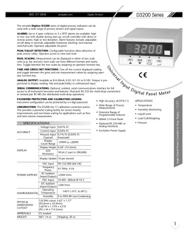 Marsh Bellofram DigiTec Division D3200 Series Universal Input Digital Panel Meter