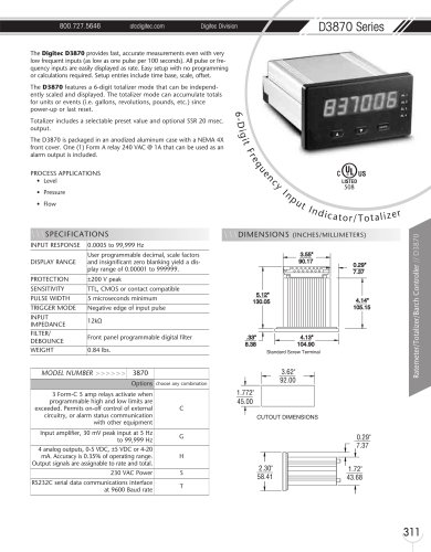 Marsh Bellofram DigiTec Division D3870 Series 6-Digit Frequency Input Indicator/Totalizer