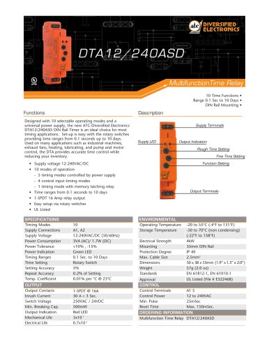 Marsh Bellofram Diversified Electronics Division DTA12/240ASD Series Multi-Function DIN Rail Time Relay