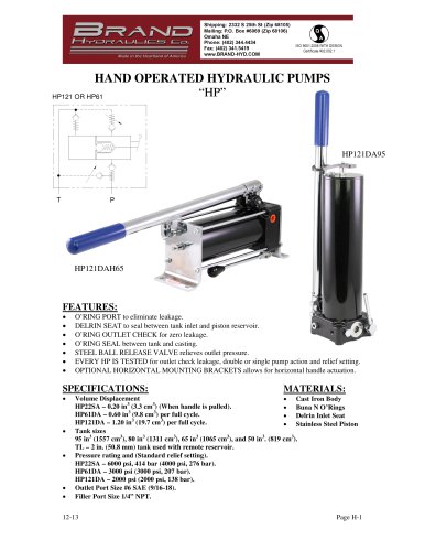 HP - Hand operated hydraulic pumps