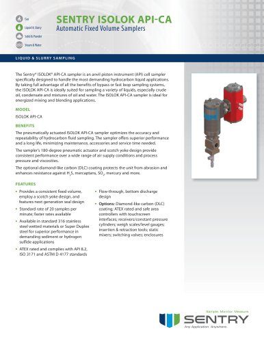 Sentry ISOLOK API-CA Hydrocarbon Liquid Sampler Spec Sheet