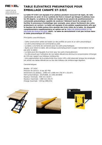TABLE ÉLÉVATRICE PNEUMATIQUE POUR EMBALLAGE CANAPÉ ST-3/O/C
