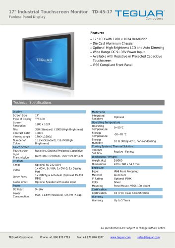 17" INDUSTRIAL TOUCHSCREEN MONITOR | TD-45-17