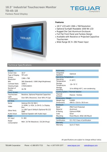 18.5" INDUSTRIAL TOUCHSCREEN MONITOR | TD-45-18