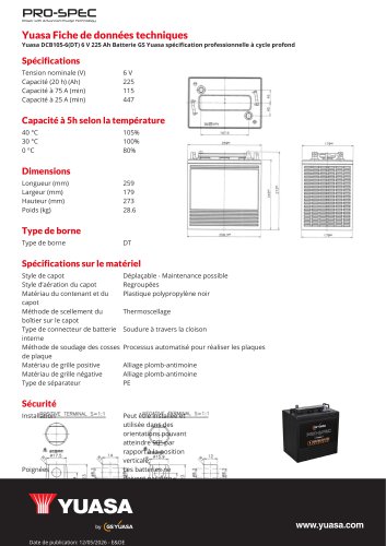 Yuasa DCB105-6(DT) 6 V 225 Ah Batterie GS Yuasa sp&eacute;cification professionnelle &agrave; cycle profond