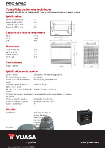 Yuasa DCB125-6(ET) 6 V 240 Ah Batterie GS Yuasa sp&eacute;cification professionnelle &agrave; cycle profond