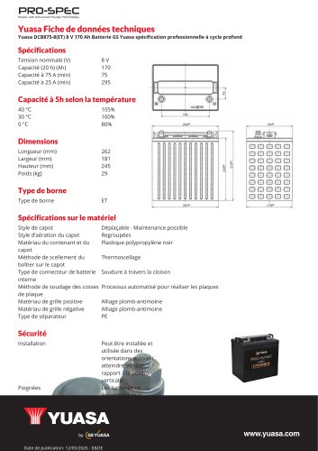 Yuasa DCB875-8(ET) 8 V 170 Ah Batterie GS Yuasa sp&eacute;cification professionnelle &agrave; cycle profond