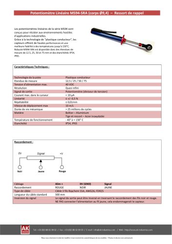 Potentiomètre linéaire MS94-SRA (version à ressort de rappel)