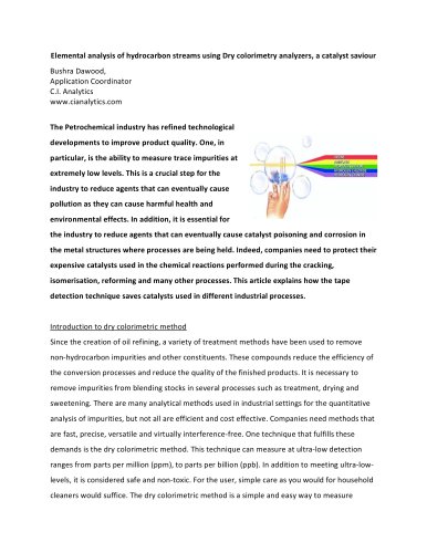 Elemental Analysis of Hydrocarbon Streams Using Dry Colorimetry Analyzers, a Catalyst Savior